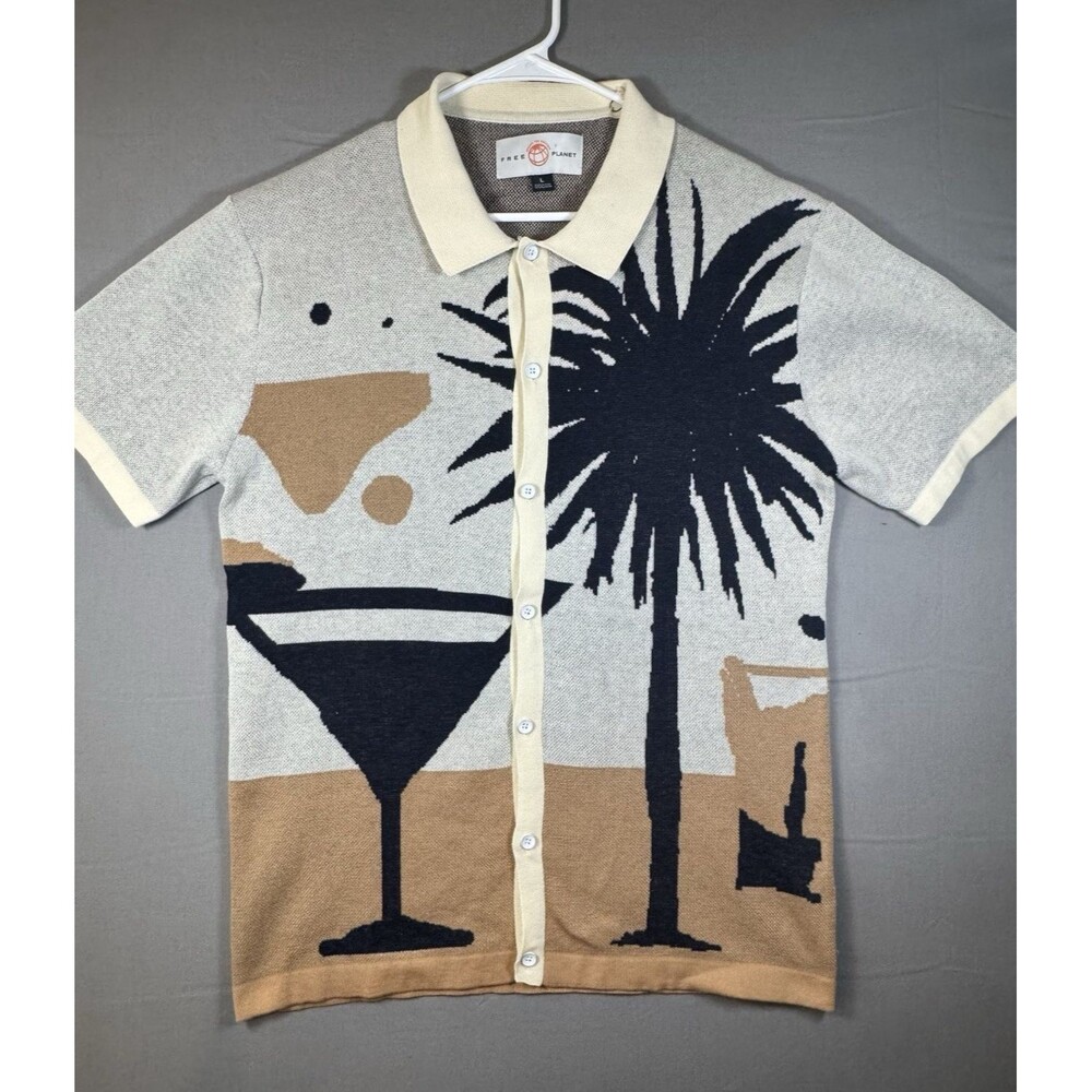Free Planet Men's L Cream Black Tan Knit Cardigan Button Front Short Sleeve NWT